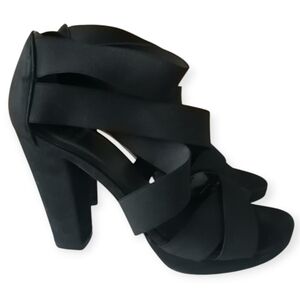 Stuart Weitzman Black Suede Block Heel Sandals Elastic Criss Cross Strap 5.5